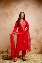 Amorina Women’s Embroidered Chanderi Silk Kurta Set with Organza Dupatta