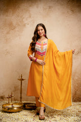 Women’s Yellow Chanderi Embroidered Flared Anarkali Kurta Pant Set with Dupatta
