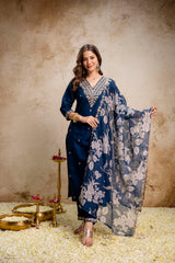 Women’s Petrol Embroidered Straight Kurta Pant Set with V-Neck & Digital Printed Tebby Dupatta