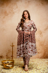 Printed Magic Cotton Straight Kurta Set for Women with Embroidered V-Neckline & Dupatta