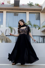 Black Embroidered Sequinned Anarkali Kurta with Dupatta for Women