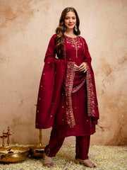 Women’s Maroon Vichitra Silk Embroidered Kurta Pant Set with Dupatta
