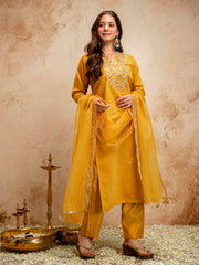 Amorina Women’s Embroidered Chanderi Silk Kurta Set with Organza Dupatta