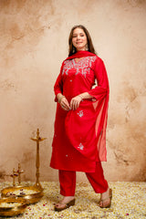 Women’s Red Embroidered Chanderi V-Neck Kurta Pant Dupatta Set