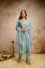 Women's Sea Green Embroidered Roman Silk Kurta Pant Dupatta Set