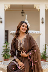 Women’s Embroidered Japan Satin Kurta Patiala Set with Dupatta – Off White, Coffee & Pista