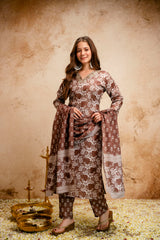 Printed Magic Cotton Straight Kurta Set for Women with Embroidered V-Neckline & Dupatta