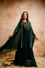 Women’s Dark Green Embroidered Georgette Anarkali Maxi Dress with Cape