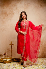 Amorina Women’s Embroidered Chanderi Silk Kurta Set with Organza Dupatta