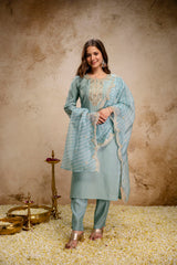 Women's Sea Green Embroidered Roman Silk Kurta Pant Dupatta Set