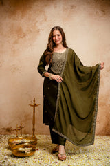 Women’s Chanderi Viscose Zari Work Kurti Pant Set with Chinon Dupatta