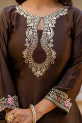Women’s Embroidered Japan Satin Kurta Patiala Set with Dupatta – Off White, Coffee & Pista