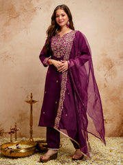 Amorina Women’s Embroidered Chanderi Silk Kurta Set with Organza Dupatta