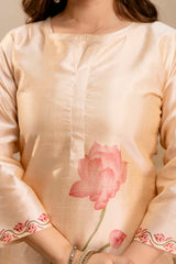 Women’s Cream Soft Assam Silk Floral Printed Kurta Pant Set with Teby Digital Print Dupatta