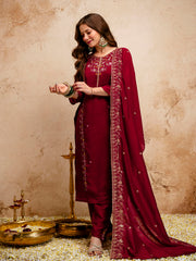 Women’s Maroon Vichitra Silk Embroidered Kurta Pant Set with Dupatta