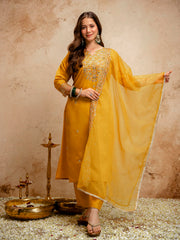 Amorina Women’s Embroidered Chanderi Silk Kurta Set with Organza Dupatta