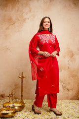 Women’s Red Embroidered Chanderi V-Neck Kurta Pant Dupatta Set