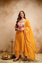 Women’s Yellow Chanderi Embroidered Flared Anarkali Kurta Pant Set with Dupatta