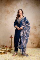 Women’s Petrol Embroidered Straight Kurta Pant Set with V-Neck & Digital Printed Tebby Dupatta