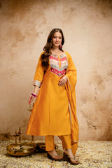Women’s Yellow Chanderi Embroidered Flared Anarkali Kurta Pant Set with Dupatta