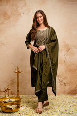 Women’s Chanderi Viscose Zari Work Kurti Pant Set with Chinon Dupatta