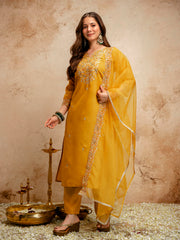 Amorina Women’s Embroidered Chanderi Silk Kurta Set with Organza Dupatta