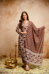 Printed Magic Cotton Straight Kurta Set for Women with Embroidered V-Neckline & Dupatta
