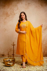 Women’s Embroidered Chanderi Kurta Pant Set with Bhagalpuri Dupatta