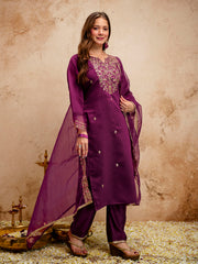 Amorina Women’s Embroidered Chanderi Silk Kurta Set with Organza Dupatta
