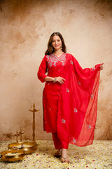 Women’s Red Embroidered Chanderi V-Neck Kurta Pant Dupatta Set