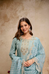 Women's Sea Green Embroidered Roman Silk Kurta Pant Dupatta Set