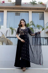 Black Embroidered Sequinned Anarkali Kurta with Dupatta for Women