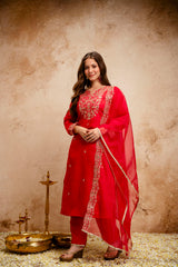 Amorina Women’s Embroidered Chanderi Silk Kurta Set with Organza Dupatta