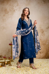 Women’s Petrol Embroidered Straight Kurta Pant Set with V-Neck & Digital Printed Tebby Dupatta