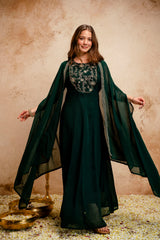 Women’s Dark Green Embroidered Georgette Anarkali Maxi Dress with Cape