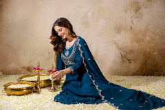 Women’s Traditional Embroidered Vichitra Silk Anarkali Kurta Set with Dupatta & Pant – Flared Festive Wear