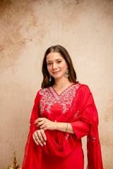 Women’s Red Embroidered Chanderi V-Neck Kurta Pant Dupatta Set