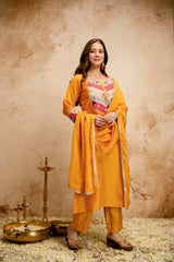 Women’s Yellow Chanderi Embroidered Flared Anarkali Kurta Pant Set with Dupatta