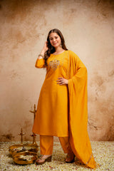 Women’s Embroidered Chanderi Kurta Pant Set with Bhagalpuri Dupatta