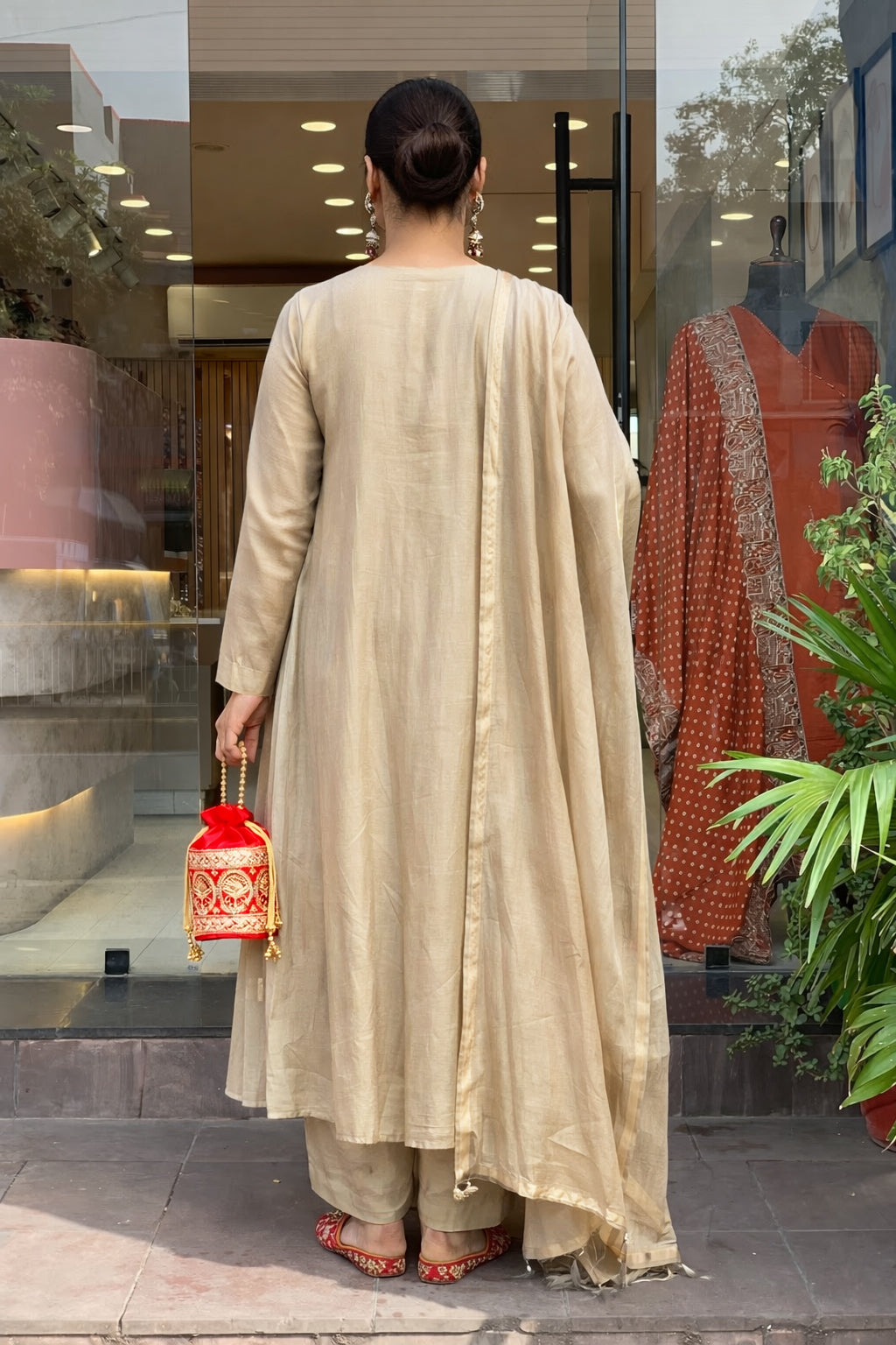 Women’s Beige Embroidered Chanderi Anarkali Kurta Pant Dupatta Set with Zari Dupatta