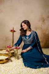 Women’s Traditional Embroidered Vichitra Silk Anarkali Kurta Set with Dupatta & Pant – Flared Festive Wear