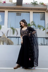 Black Embroidered Sequinned Anarkali Kurta with Dupatta for Women