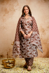 Printed Magic Cotton Straight Kurta Set for Women with Embroidered V-Neckline & Dupatta