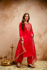 Amorina Women’s Embroidered Chanderi Silk Kurta Set with Organza Dupatta