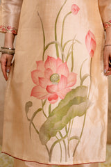 Women’s Cream Soft Assam Silk Floral Printed Kurta Pant Set with Teby Digital Print Dupatta