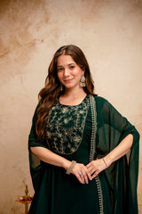 Women’s Dark Green Embroidered Georgette Anarkali Maxi Dress with Cape