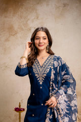 Women’s Petrol Embroidered Straight Kurta Pant Set with V-Neck & Digital Printed Tebby Dupatta