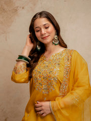 Amorina Women’s Embroidered Chanderi Silk Kurta Set with Organza Dupatta