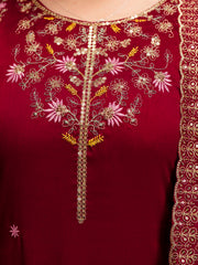Women’s Maroon Vichitra Silk Embroidered Kurta Pant Set with Dupatta