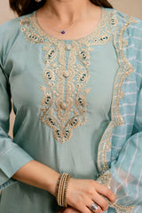 Women's Sea Green Embroidered Roman Silk Kurta Pant Dupatta Set